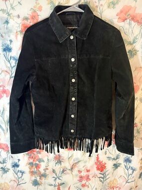 Vintage Fringed Suede Button-Front Jacket - Black